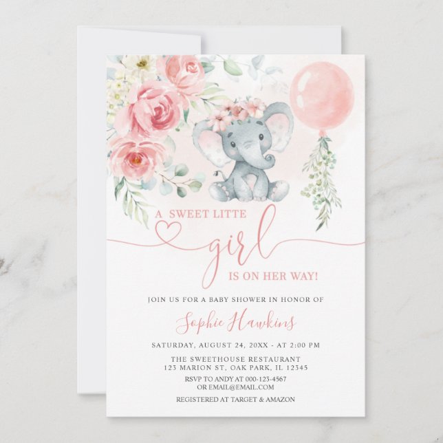 Pink Floral Sweet Little Girl Elephant Baby Dusche Einladung (Vorderseite)