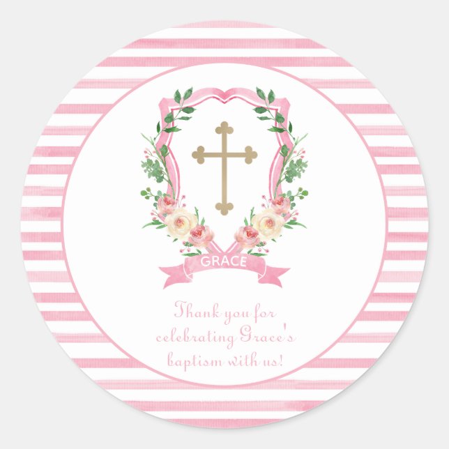 Pink Floral Taufe Vielen Dank Runder Aufkleber (Vorderseite)