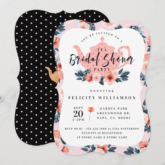 Pink Floral Tea Party Invitation de la douche nupt (Devant / Derrière)