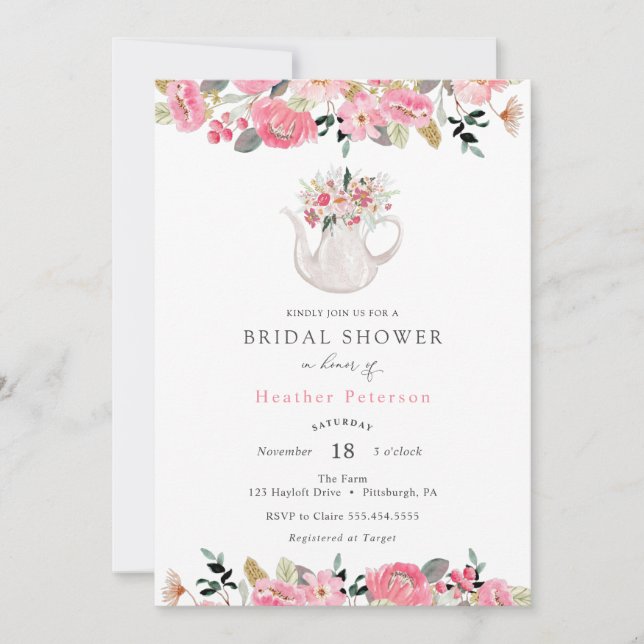 Pink Floral Tea Party Invitation de la douche nupt (Devant)