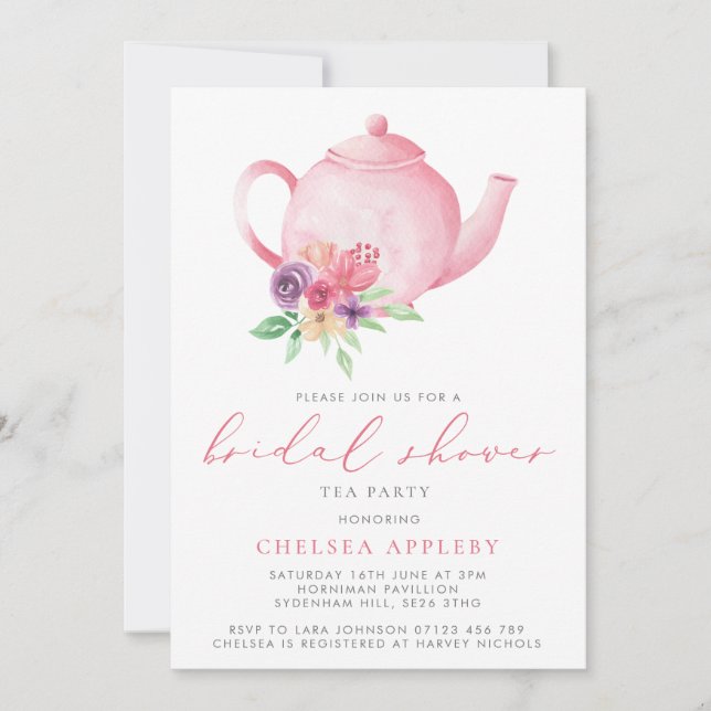 Pink Floral Teapot Brautparty Tee Party Einladung (Vorderseite)