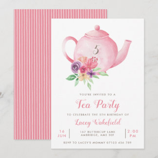 Pink Floral Teapot Girl's Birthday Tea Party Invit Einladung