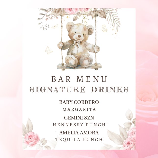 Pink Floral Teddy Bear Baby Dusche Bar Menu Poster (Von Creator hochgeladen)