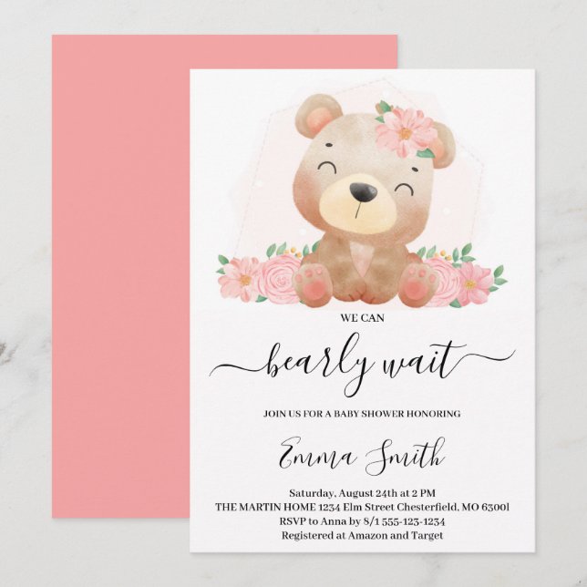 Pink Floral Teddy Bear Baby Dusche Einladung (Vorne/Hinten)