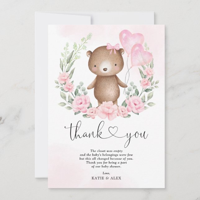 Pink Floral Teddy Bear Balloons Baby Girl Dusche Dankeskarte (Vorderseite)