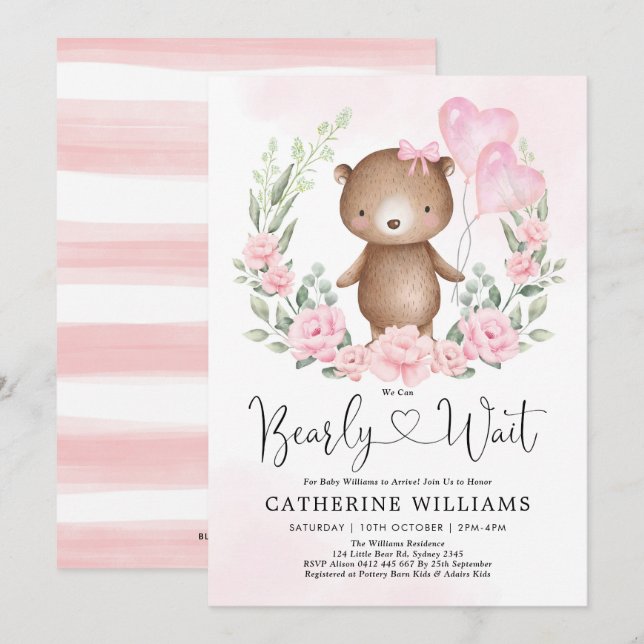 Pink Floral Teddy Bear Balloons Girl Baby Dusche Einladung (Vorne/Hinten)