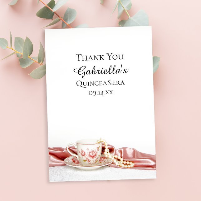 Pink Floral Tee Cup Perlen Quinceanera Vielen Dank Dankeskarte (Von Creator hochgeladen)