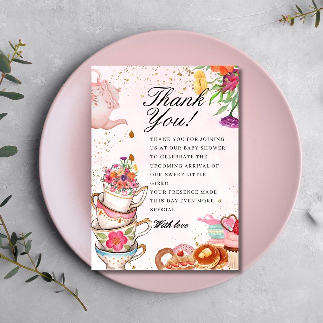 Pink Floral Tee Party Baby Braut Babydusche Dankeskarte (Von Creator hochgeladen)