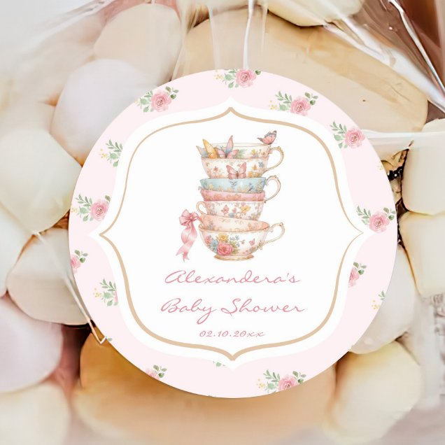 Pink Floral Tee Party Babydusche Runder Aufkleber (Von Creator hochgeladen)