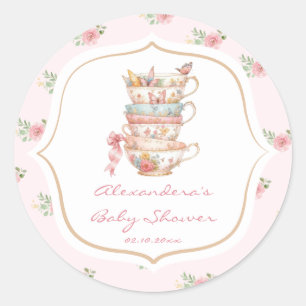 Pink Floral Tee Party Babydusche Runder Aufkleber