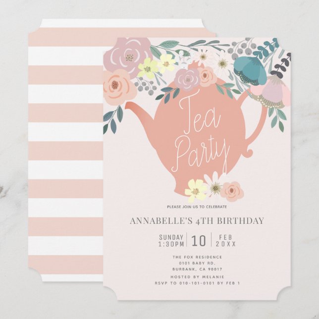 Pink Floral Tee Party Girl Birthday Einladung (Vorne/Hinten)