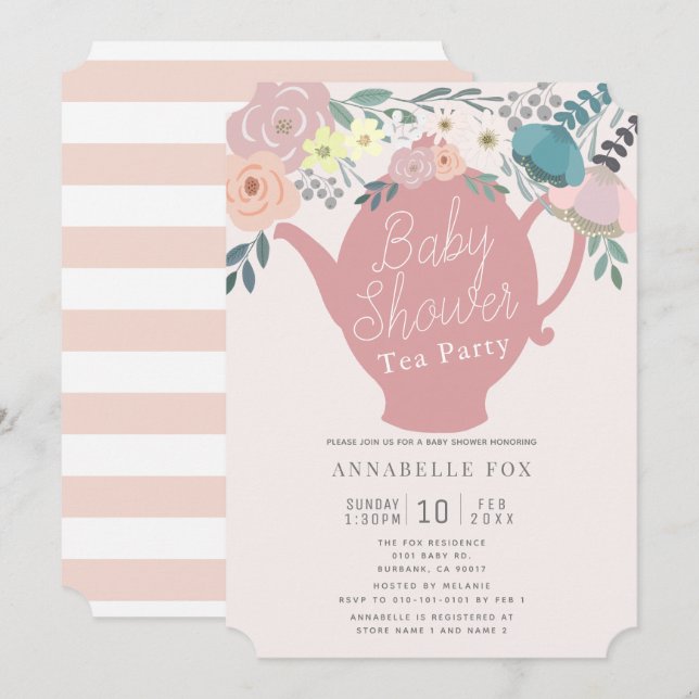 Pink Floral Teekanne Tee Party Babydusche Einladung (Vorne/Hinten)