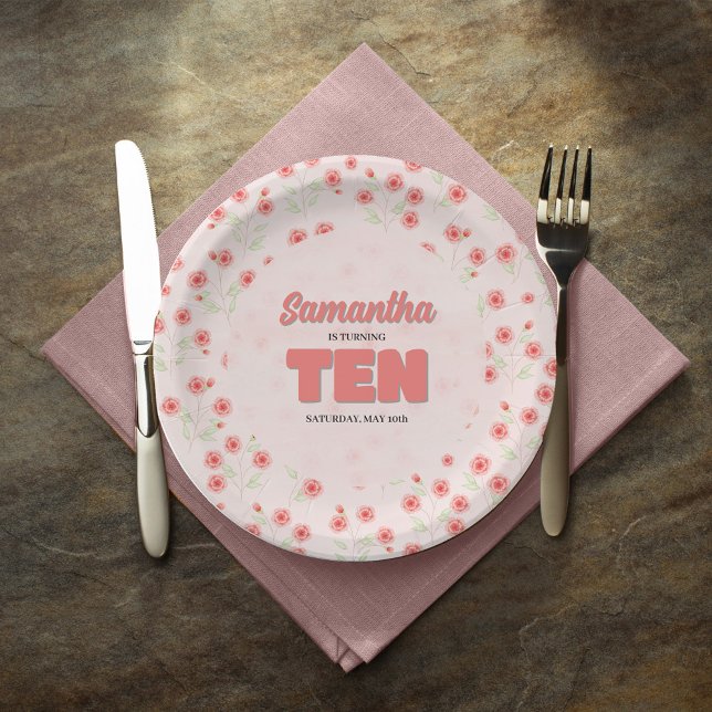 Pink Floral Tenth Birthday Girl Party Custom Pappteller (Tenth birthday party custom party plates. )