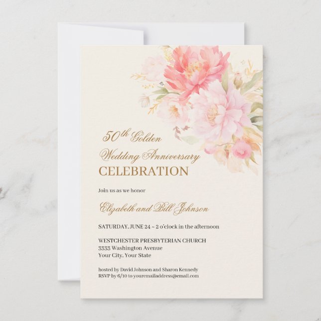 Pink Floral Theme Gold 50th Wedding Anniversary Einladung (Vorderseite)