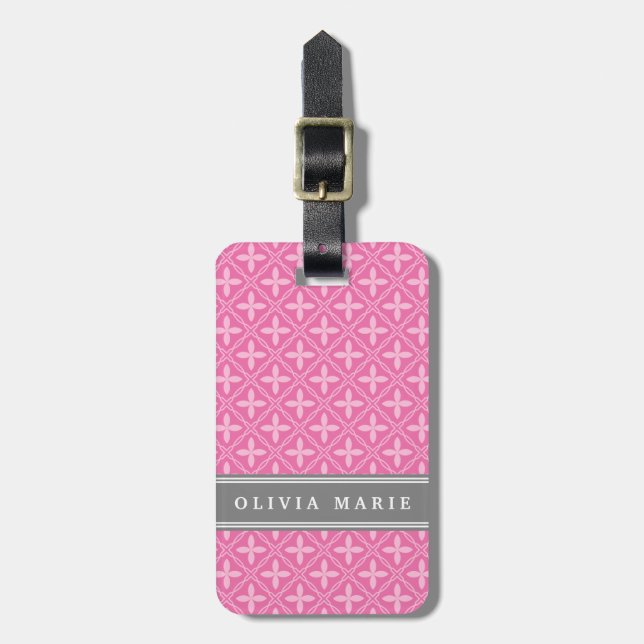 Pink Floral Trellis Muster Grau Name Gepäckanhänger (Vorderseite vertikal)