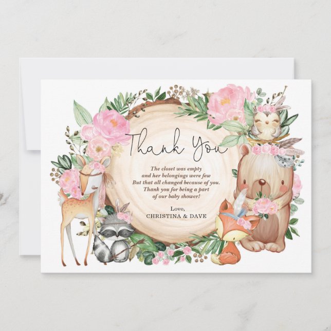 Pink Floral Tribal Woodland Babydusche Vielen Dank Dankeskarte (Vorderseite)