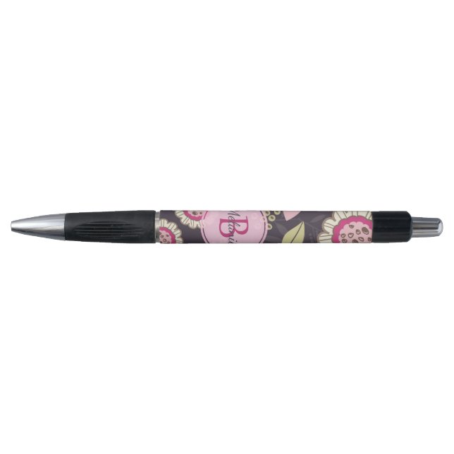 Pink Floral Tulip Muster Monogramm Kugelschreiber (Vorderseite)