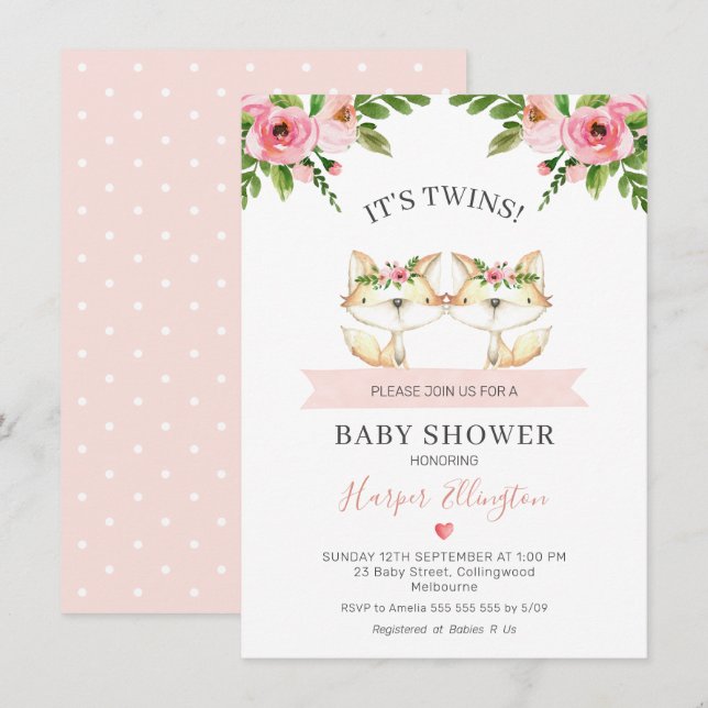 Pink Floral Twin Girls Fox Kinderdusche Einladung (Vorne/Hinten)
