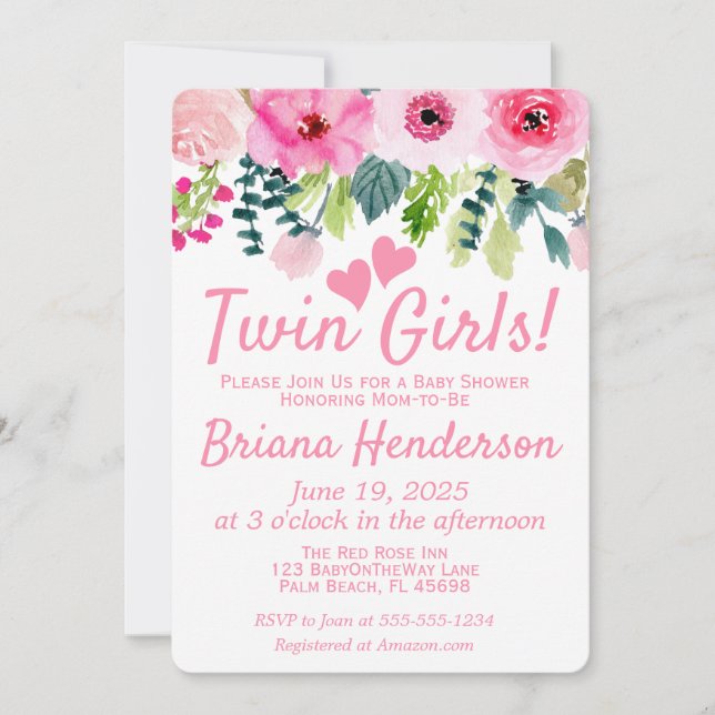 Pink Floral Twin Girls Kinderdusche Einladung (Vorderseite)