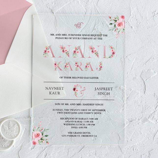 Pink Floral Typografie Anand Karaj Sikh Wedding Acryleinladungen (Von Creator hochgeladen)