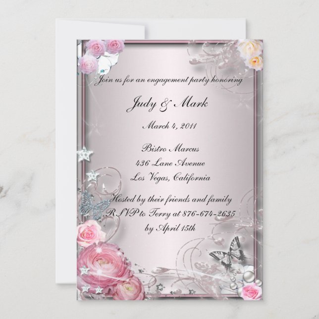 Pink, floral und Schmetterling: Engagement einlade Einladung (Vorderseite)