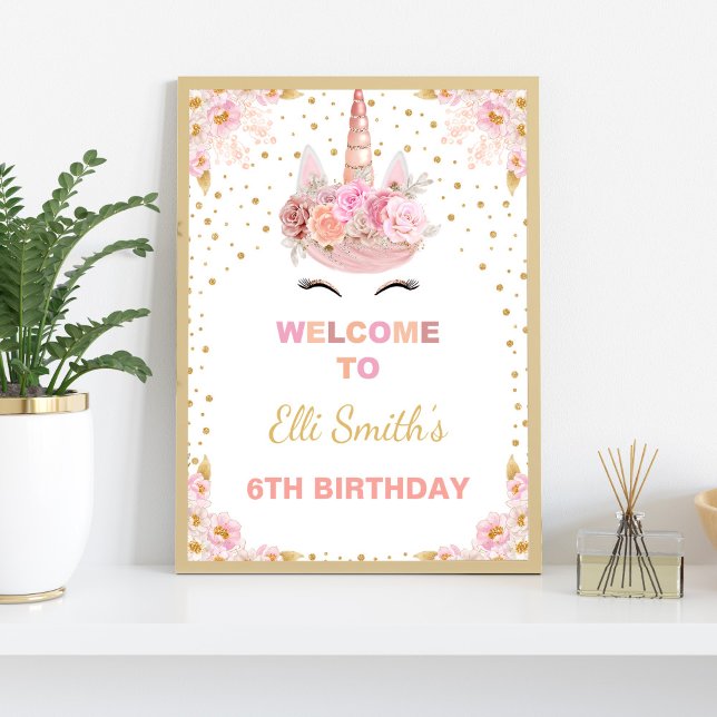 Pink Floral Unicorn Geburtstagsparty Begrüßung Unt Poster (Pink Floral Unicorn Welcome Signs)