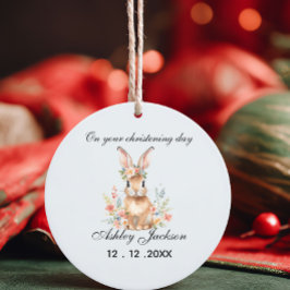 Pink floral vintage bunny Personalized christening Keramik Ornament