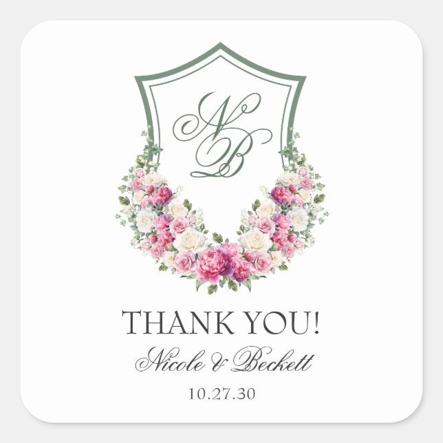 Pink Floral Wappen Hochzeit Vielen Dank Quadratischer Aufkleber (Vorderseite)