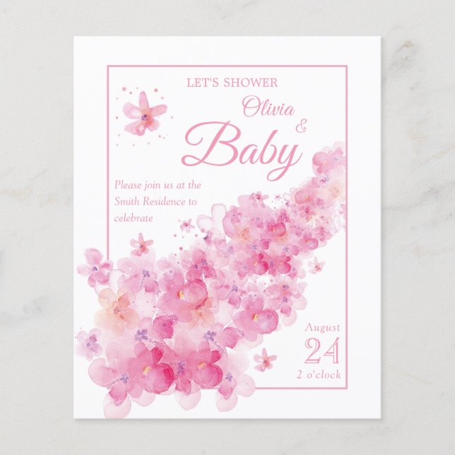 Pink Floral Wasserfarbe Budget Babydusche (Vorderseite)