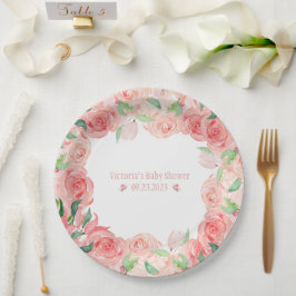 Pink Floral Wasserfarbe Datum Kinderdusche Pappteller