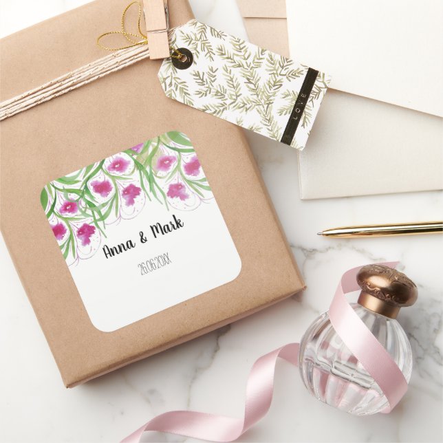 Pink Floral Wasserfarbe Handgestrichen Quadratischer Aufkleber (Schenken)