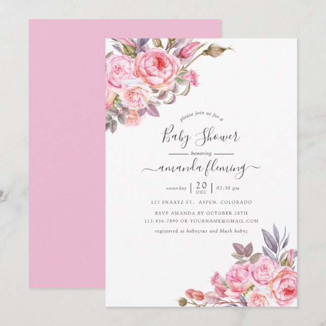Pink Floral Watercolor Babydusche Einladung (Vorne/Hinten)