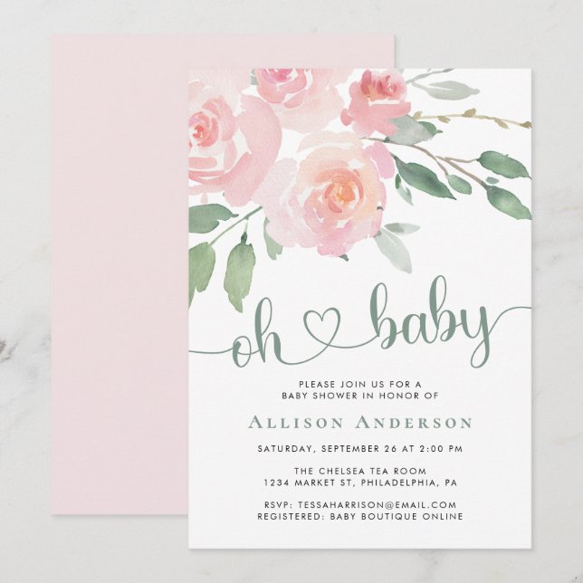 Pink Floral Watercolor Babydusche Einladung (Vorne/Hinten)