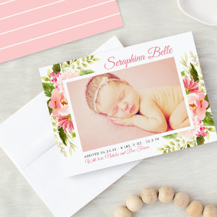 Pink Floral Watercolor Girl Foto Birth Ankündigung