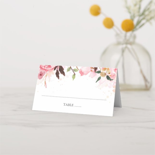 Pink Floral Watercolor Hochzeit Platzkarte (Vorderseite)
