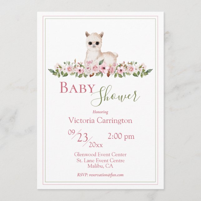 Pink Floral Watercolor Lamb Babydusche Einladung (Vorderseite)