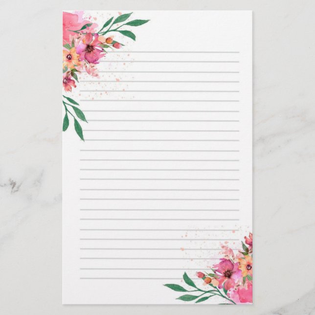 Pink Floral Watercolor Linde Briefpapier (Vorderseite)
