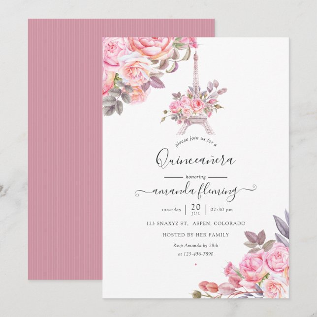 Pink Floral Watercolor Paris Quinceañera Einladung (Vorne/Hinten)