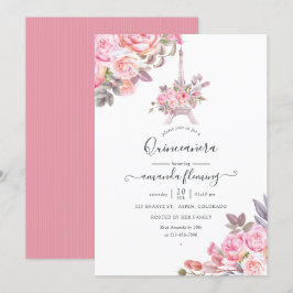 Pink Floral Watercolor Paris Quinceañera Einladung