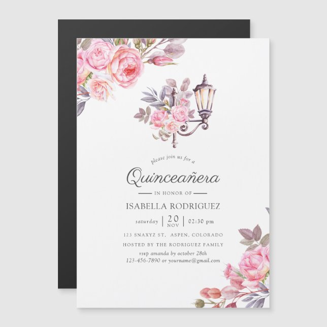 Pink Floral Watercolor Paris thematisch Quinceañer Magneteinladung (Vorne/Hinten)