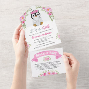 Pink Floral Watercolor Pinguin Babydusche All In One Einladung