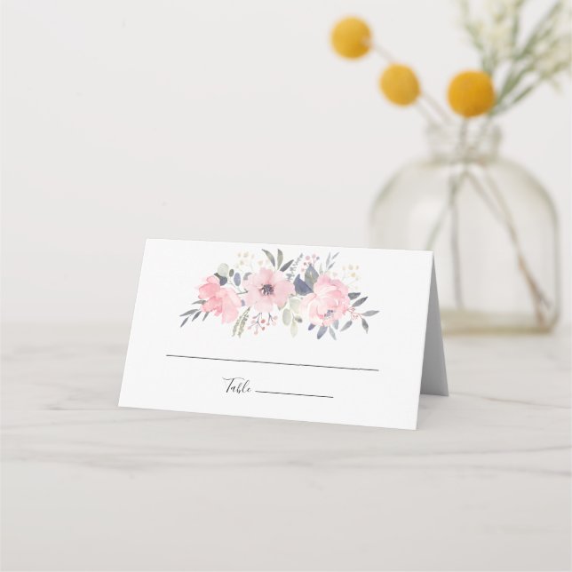 Pink Floral Watercolor Script Hochzeit Platzkarte (Vorderseite)