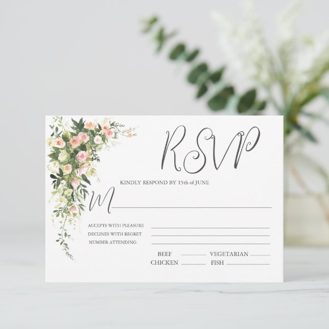 Pink Floral Watercolor Script RSVP Karte (Stehend Vorderseite)