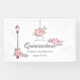 Pink Floral Watercolor Vintag Paris Quinceañera Banner