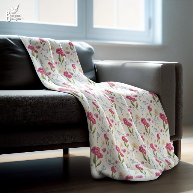 Pink Floral Watercolor Wildflower Fleecedecke (Pretty pink floral watercolor wildflower fleece blanket. Matching home decor available.)