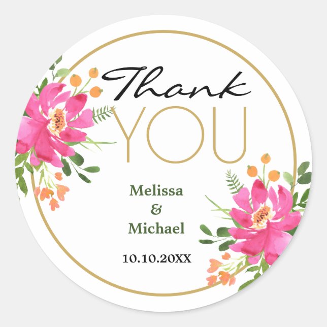 Pink Floral Wedding Danke Runder Aufkleber (Vorderseite)