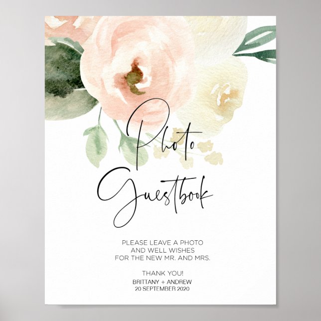 Pink Floral Wedding Foto Gästebuchsignatur Poster (Vorne)