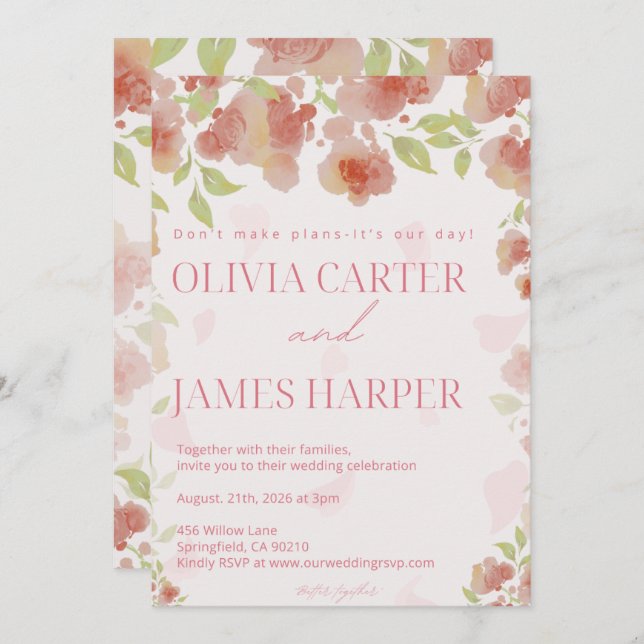 Pink Floral Wedding Invitation – Elegant Rustic (Devant / Derrière)