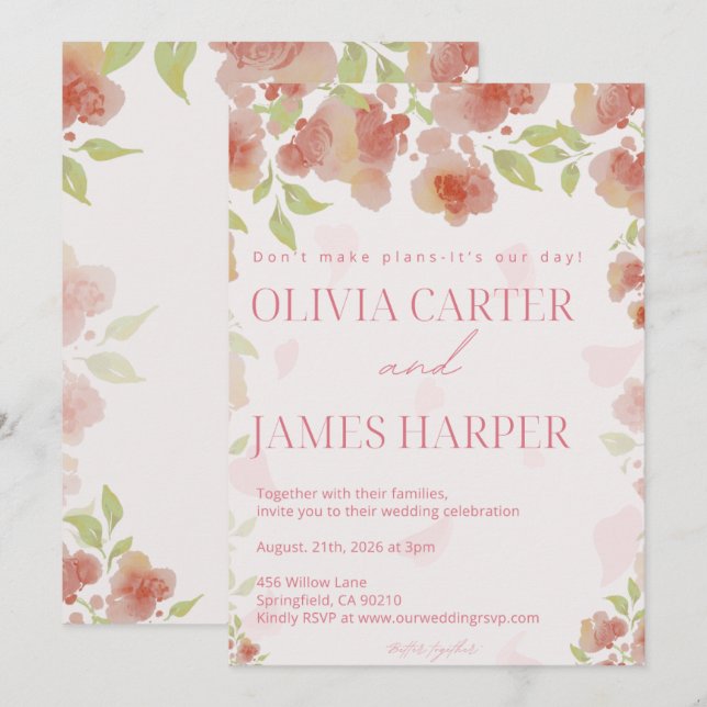 Pink Floral Wedding Invitation – Elegant Rustic Einladung (Vorne/Hinten)