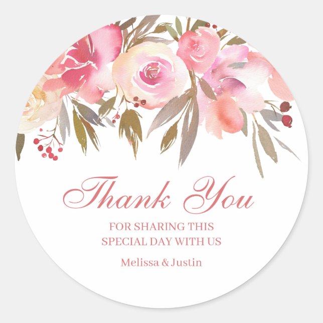 Pink Floral Wedding Script Vielen Dank Runder Aufkleber (Vorderseite)